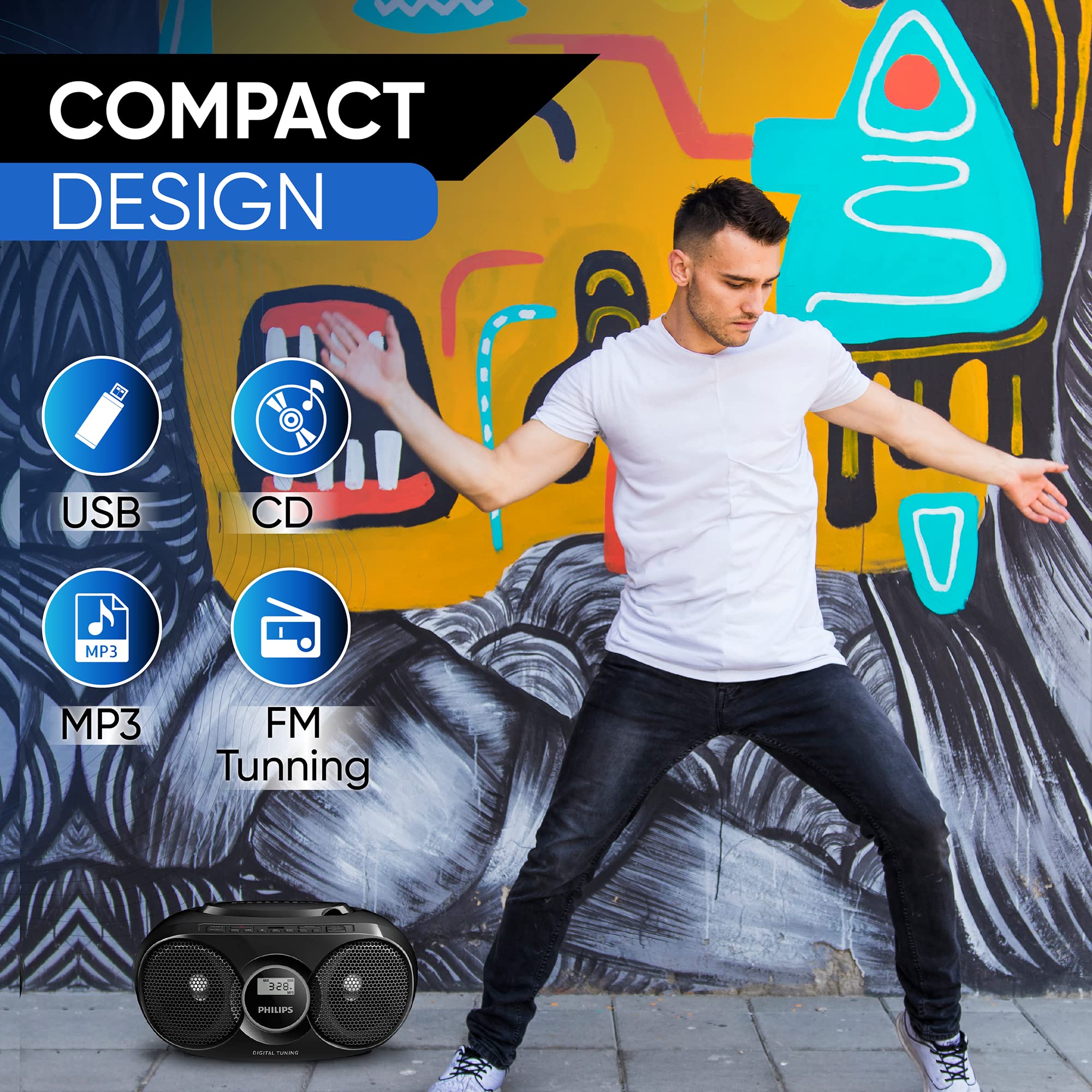 Philips Portable CD Player Boombox, Stereo Dynamic Bass Boost Speakers, Lightweight FM Radio CD Player with LCD Display, USB Playback, Aux Line-in, Boombox Portable for Home AZ318B/37