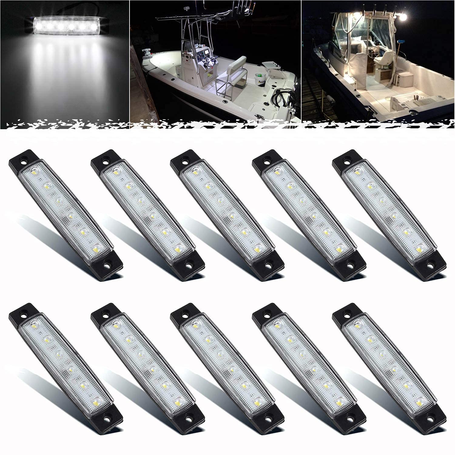 PSEQT LED Boat Interior Lights Marine Courtesy Light Strip Deck Transom Cockpit Navigation Lighting Waterproof for Fishing Pontoon Kayak Yacht Sailboat (White 10Pcs)