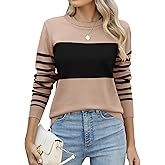 LOMON Womens Sweaters Long Sleeve Crew Neck Striped Color Block Sweaters Fall Fashion Knit Pullover Tops