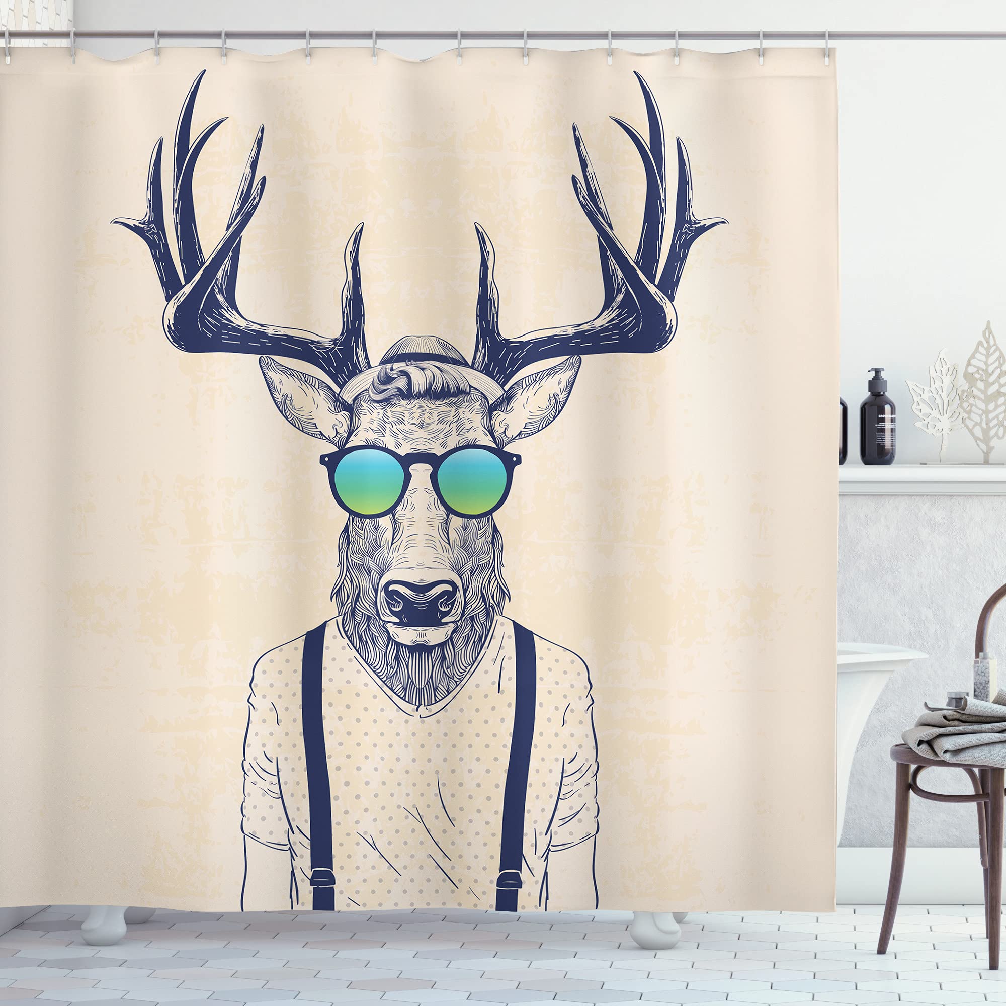 ABAKUHAUS Antlers Shower Curtain, Illustration of Deer Dressed up Like Cool Hipster Fashion Creative Fun Animal, Cloth Fabric Bathroom Decor Set with Hooks, 86 Inches Extra Long, Beige Dark Blue — image 1