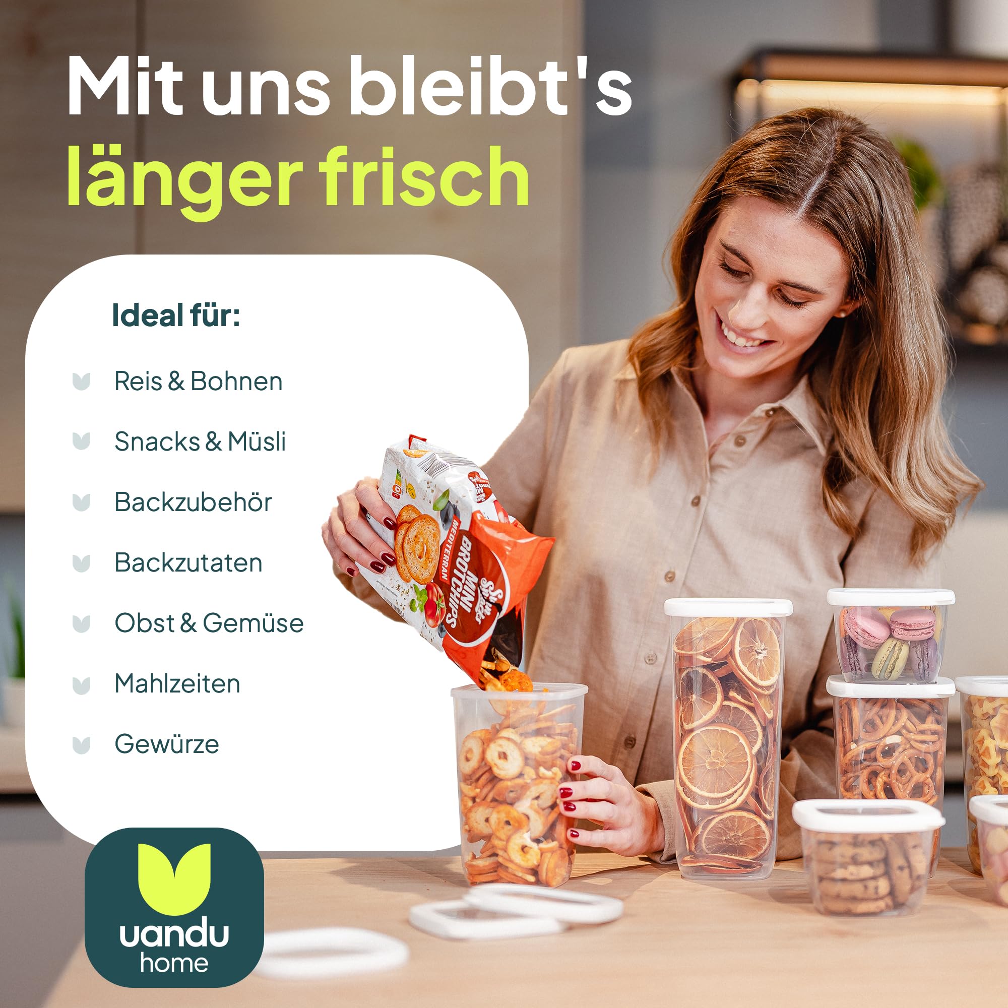uandu Vorratsdosen mit Deckel luftdicht – 24er Vorratsbehälter Set BPA Frei, Aufbewahrungsdosen Küche für Müsli, Mehl & Zucker, Mit Etiketten 5