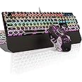 Typewriter Mechanical Gaming Keyboard and Mouse Combo, Retro Punk Round Keycaps RGB Rainbow Backlit Wired Keyboard for Game and Office, for Windows Laptop PC, Red Switches(Black)