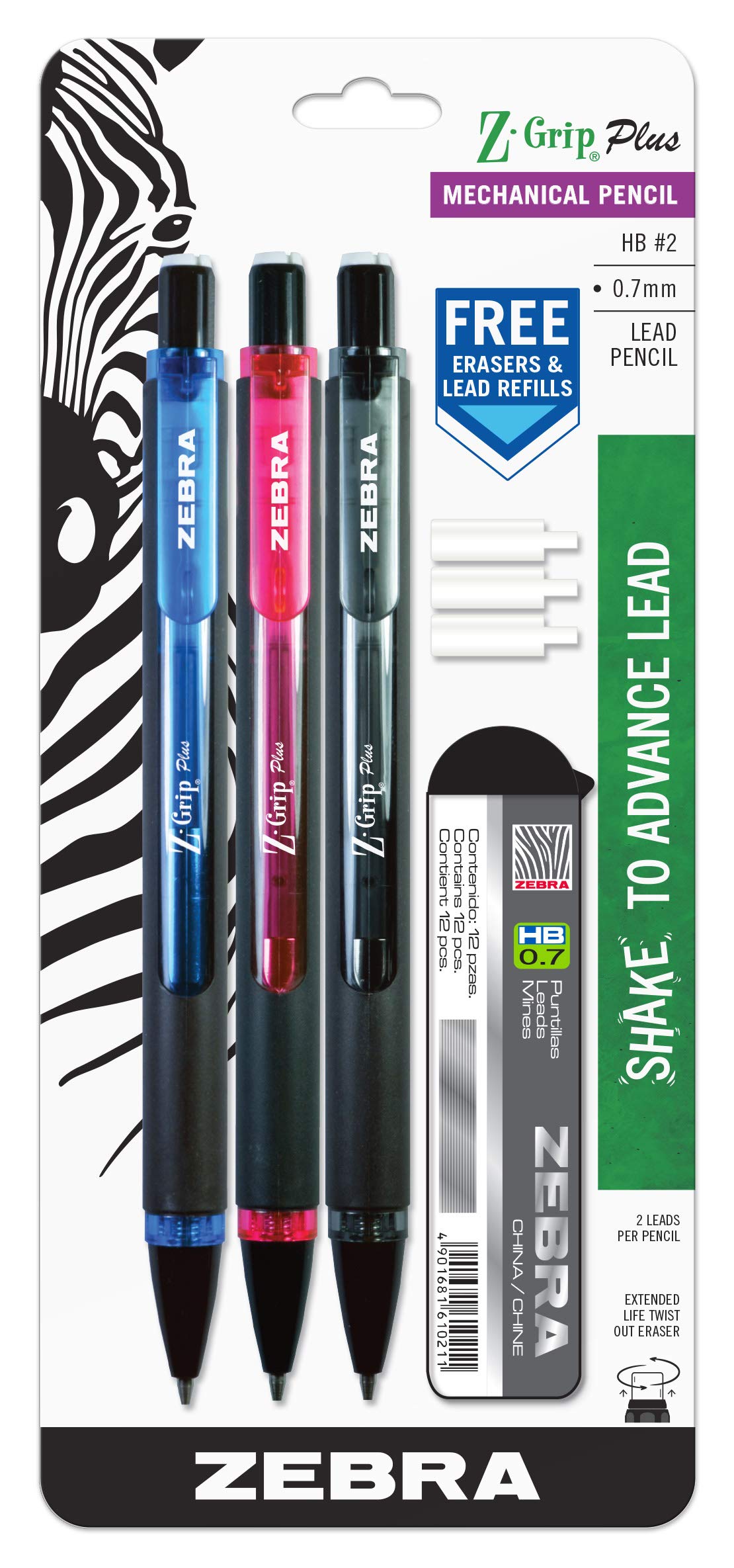 Zebra Pen Z-Grip Plus Mechanical Pencil, 0.7mm, with Lead and Erasers, Assorted Barrel Colors, Blue, Pink, Black, 3-Pack – (Case of 48 packs, 144 Count Total) (55603)