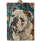 Bulldog Gifts, Bulldog with Floral Blanket for Adults Women Kids, 50x60 in, Cozy Fuzzy Warm Soft Throw Blankets for Bedroom, Camping, Couch, Decor