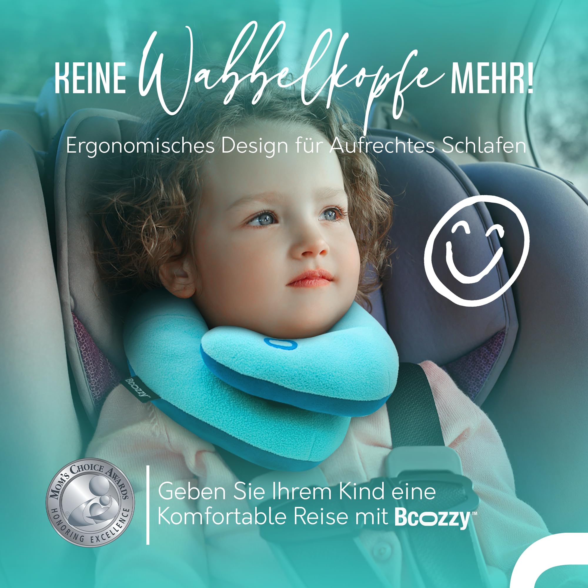 BCOZZY Kinder (3-7 J.) Auto Nackenkissen – Patentiertes Reisekissen für Kopfstütze im Kindersitz, Flugzeug und beim Schlafen auf Reisen. Weich. Verstellbar. Waschbar. Mit Tragetasche. Klein, Blau 2