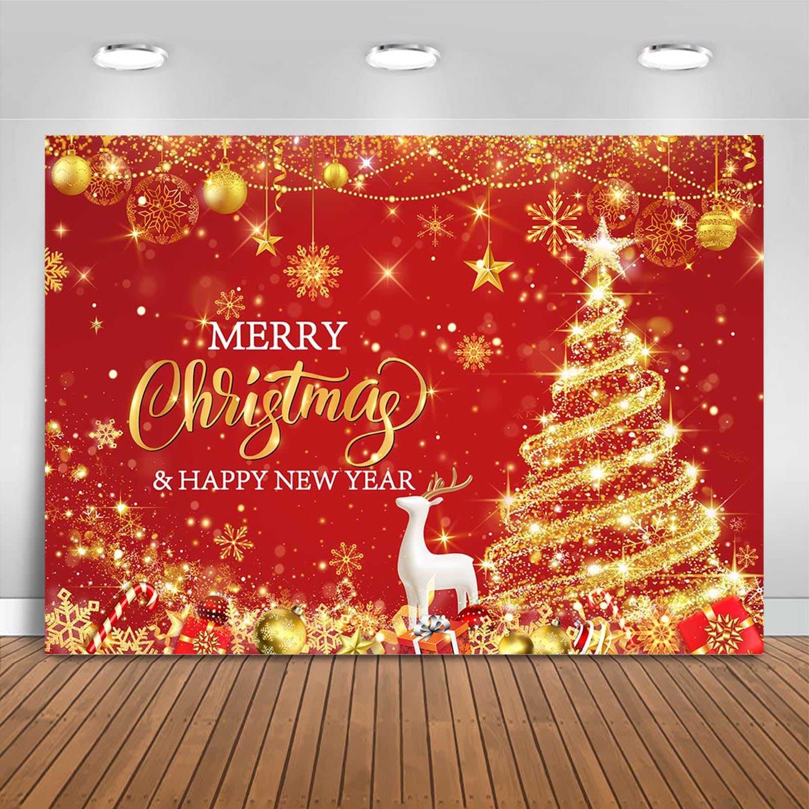 Photo 1 of Mocsicka Merry Christmas Backdrop - Gold, Large Party Decorations Banner - Happy New Year - Family Photo Background (7x5ft)