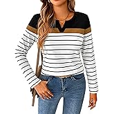 SOFIA'S CHOICE Women Striped Long Sleeve T Shirt V Neck Basic Cotton Cute Shirts
