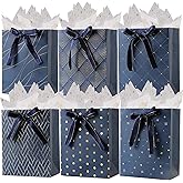 Enfoldia 6 Pack 9" Navy Blue Paper Gift Bags Medium with Handles Gold Star Tissue Paper for Birthdays Father's Day Gift Bag Bulk Graduation Christmas Party Favor Bags Shopping Gift Wrap Bags