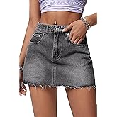 ELLEVEN Denim Skirt Women Mini Low Waist Stretchy Raw Hem Jean Skirt with Pockets
