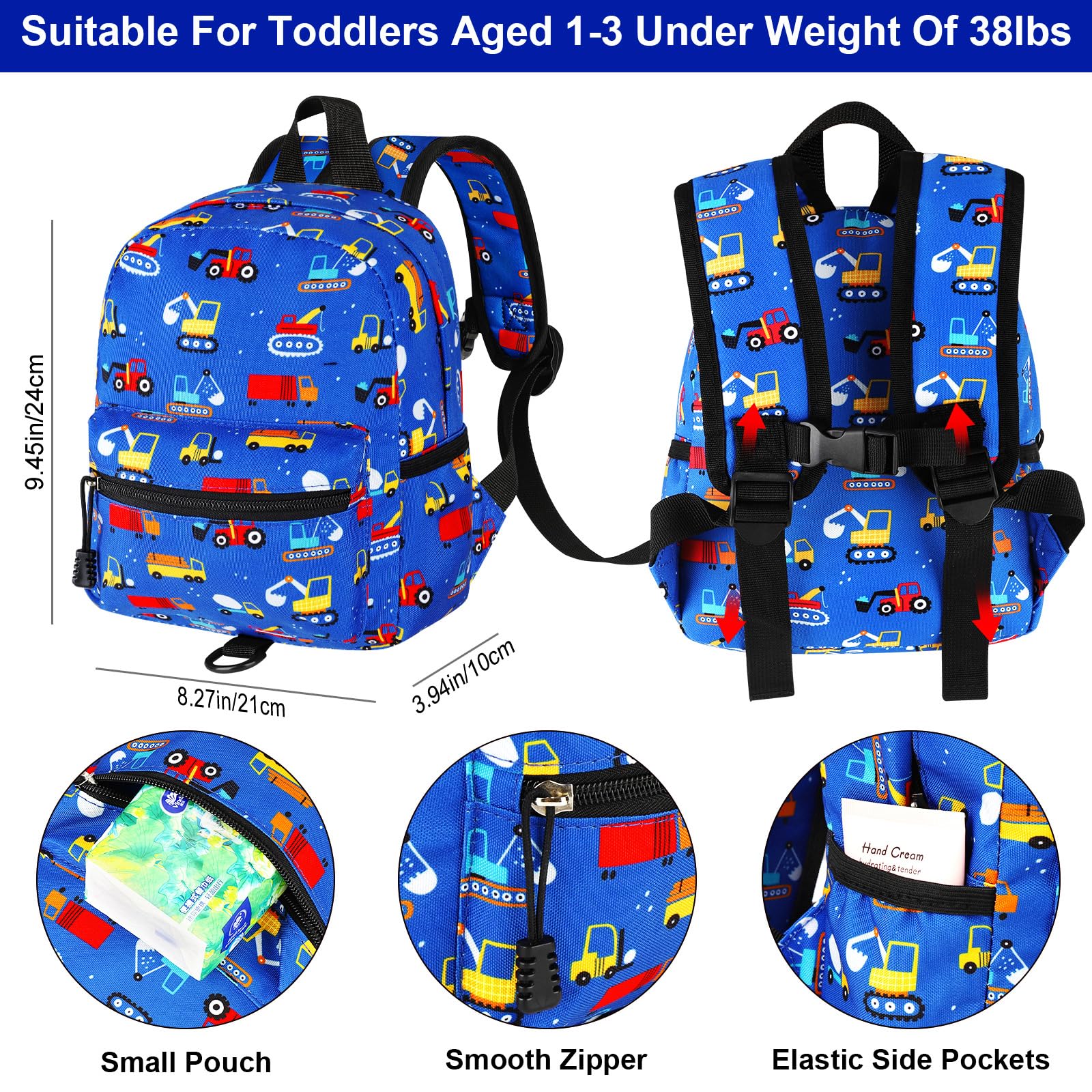 Accmor Toddler Backpack Leash with Anti Lost Wrist Link, Cute Mini Child Walking Harnesses Keep Kids Close Back Pack Rope Tether Rein for Baby Boys (Blue/Excavator)
