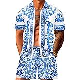 JoZorro Men Hawaiian Shirt Sets Casual Button Down Shirts 2 Piece Luxury Summer Beach Outfits