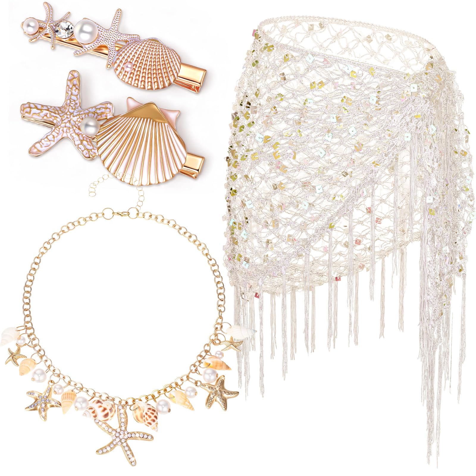 Photo 1 of Huquary 4 Pcs Summer Mermaid Costume Women Beach Crochet Skirt Sarong Swimsuit Cover up Shell Necklace Hair Clip, Party Body Mermaid Costume Accessories for Cosplay White, Gold