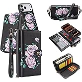 AJDJTEN for iPhone 17 Pro Max Wallet Phone Case, Removable Leather Flip Magnetic Crossbody Purse with Card Holder, RFID Blocking, Wristband, Lanyard Strap, Rose Pattern Cover for Women Girls Black