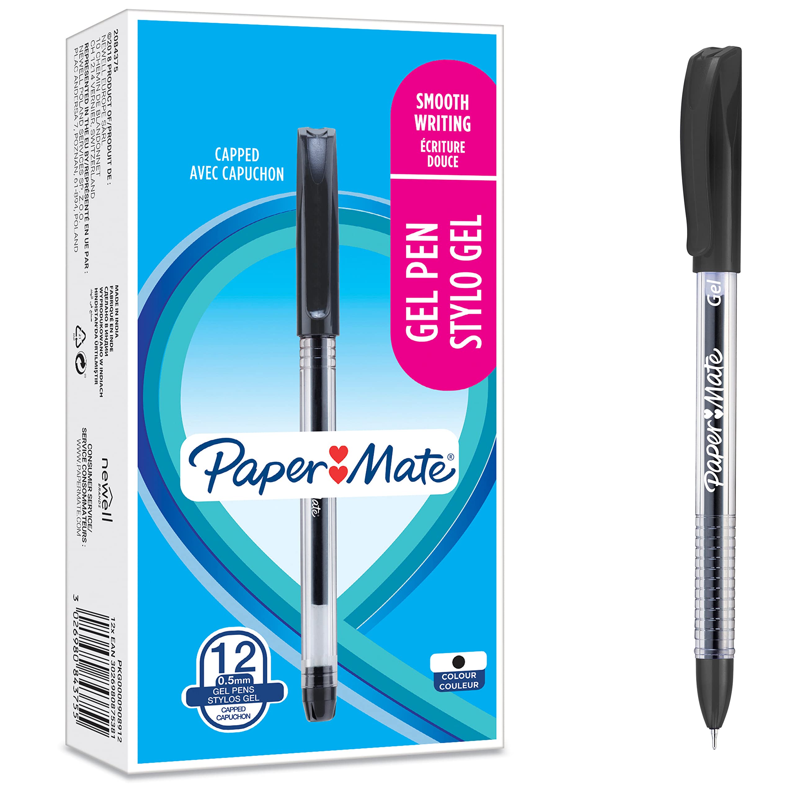 Paper Mate Gel Pens | Smooth Needle Point (0.5mm) | Black | 12 Count