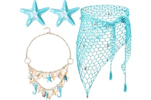 Cotwinter 4 Pcs Halloween Mermaid Cosplay Costume Women Halloween Mermaid Crochet Skirt Necklace Starfish Hair Clip
