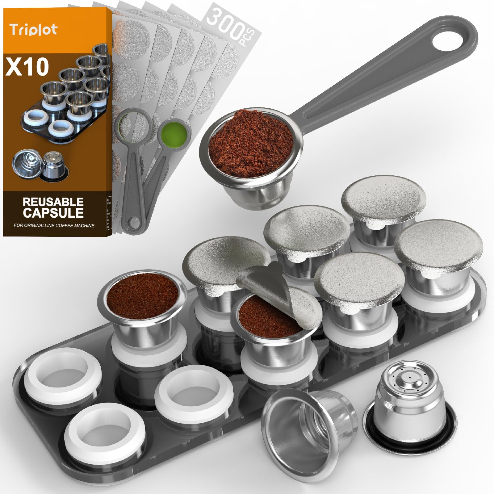 Photo 1 of Triplot10pcs Reusable N*espresso OriginalLine Compatible Coffee Capsules with Storage Tray, 10Pods with 300pcs Foil Lids, Pre-fill Design