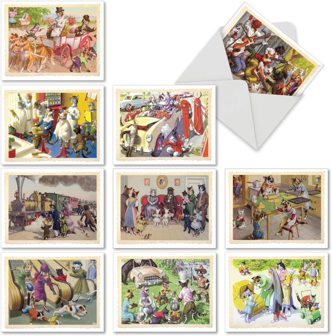 10 Whimsical ‘Cats Are People Too' Thank You Cards with Envelopes 4 x 5.12 inch, Stationery with Cats Dressed as People and Enjoying Human Activities for Weddings, Holidays, Birthdays M6473TYG