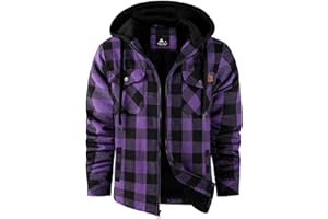 V VALANCH Men's Flannel Shirt Jacket with Hood Fleece Lined Plaid Jacket Zip Up Winter Warm Coat
