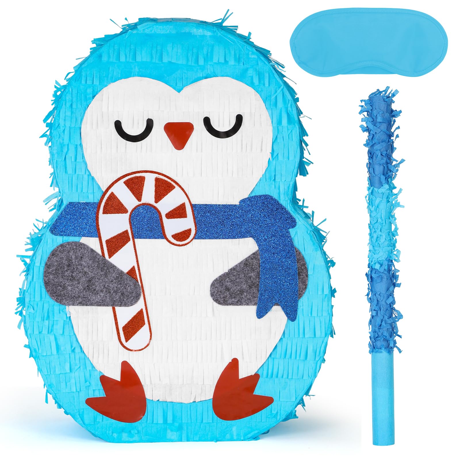 Birchio Cute Penguin Pinatas Bundle with a Blindfold and Bat (Small Size 16.5x12x4 Inches), Perfect for Winter boys and girls Birthday Party Supplies, Christmas Party Decoration Games for Kids Party