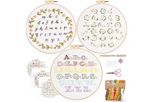 FONNUY 3 Set Crewel Embroidery Kit for Beginners Learn Different Letters Stitches, Alphabet Pre-Stamped Pattern Kits for Adults with Hoop, Easy to Follow Needlework, 8''