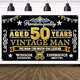 Happy 50th Birthday Banner Decorations for Men, Black Gold Vintage 50 Birthday Backdrop Sign Party Supplies, Fifty Year Old Birthday Party Photo Booth Background Poster(72.8 x 43.3 Inch)