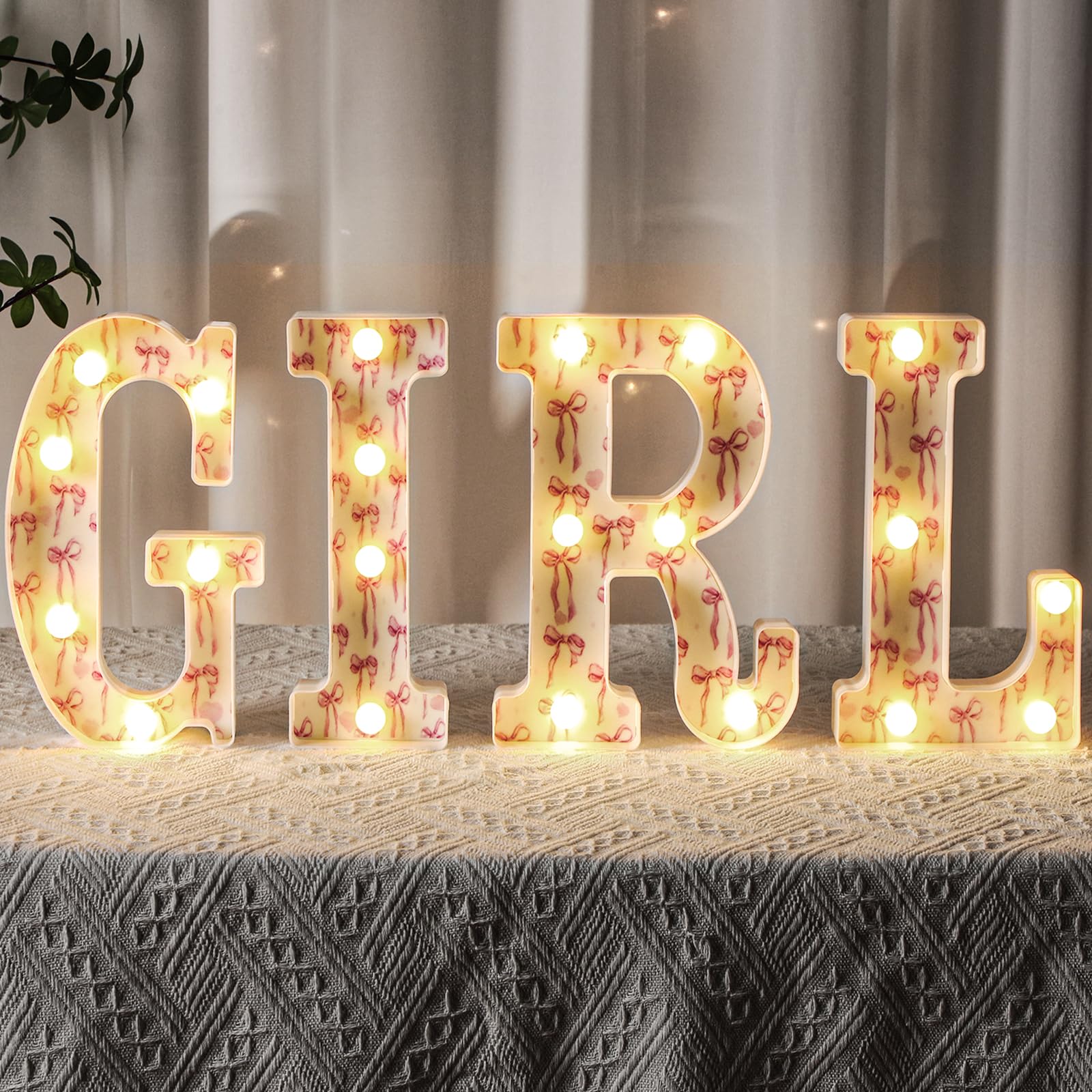 Photo 1 of Realspring Girl Letters Sign Baby Marquee Light up Letters LED Flower Baby Shower Table Centerpieces Decor for Gender Reveal Birthday Party, 8.26''(Pink,Ribbon)