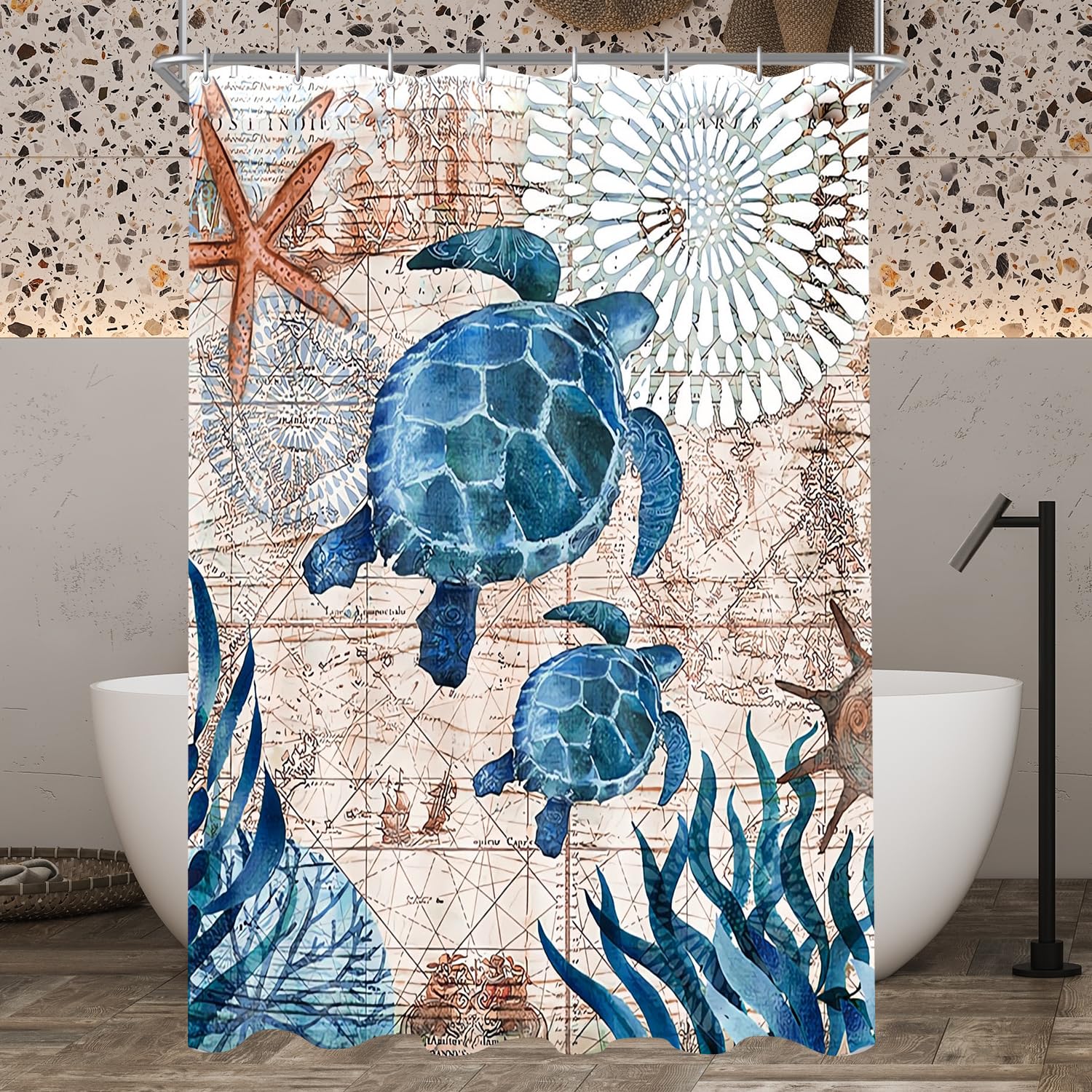 Lerores Shower Curtain, 150 x 200 cm, Sea Turtle, Weighted Hem, Anti-Mould, Water-Repellent, Washable Polyester Fabric Bath Curtains with Eyelets and 8 Shower Curtain Rings for Bathroom, Bathtub