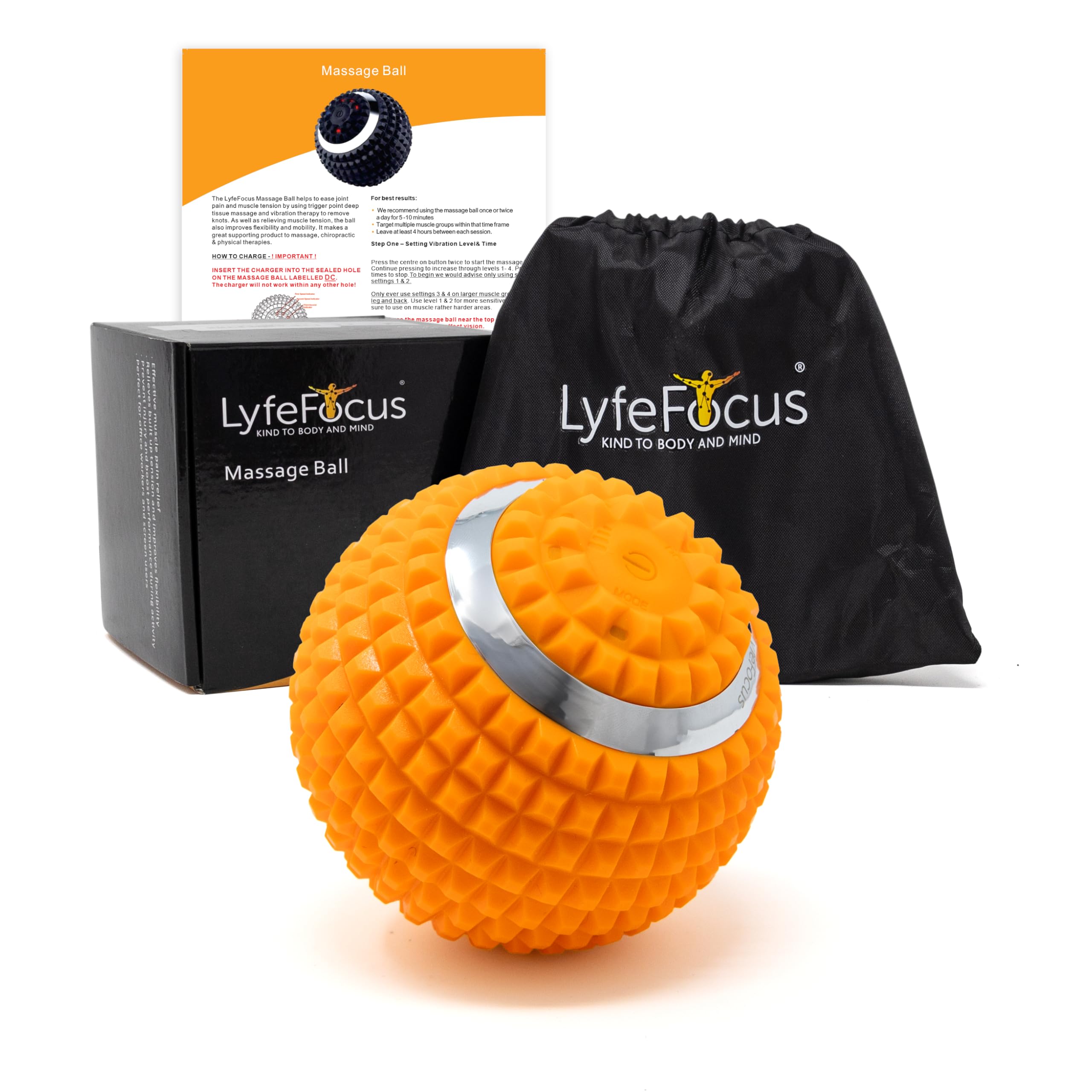 LyfeFocus Massage Ball with 4 Safety Approved Vibration Settings for Pain and Muscle Tension Relief - Specialist Approved Sports Trigger Point Massage Roller Ball - with Carry Bag (Orange)