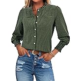 Uhiger Plaid Shirts for Women Button Down Shirt Ruffle Neck Long Sleeve Blouses Dressy Casual Gingham Tops with Chest Pockets