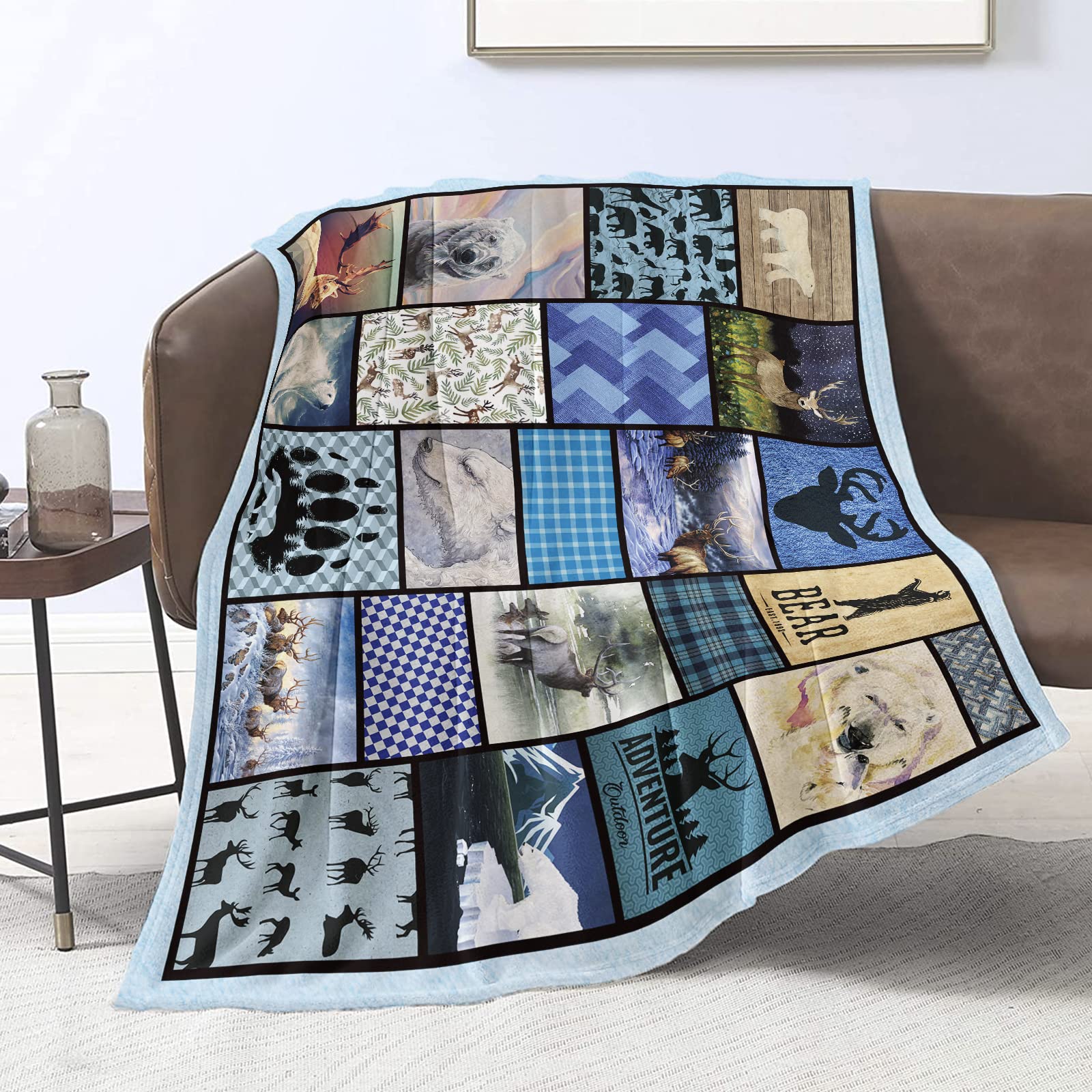 Domgoge Polar Bear Deer Blanket Throw Kids Soft Flannel Fleece Blankets Gifts Adult Rustic Lightweight Fuzzy Plush Travel Couch Sofa Farmhouse Decor, 101cm x 127cm, Blue (TZ-00085-40x50-beardeer)