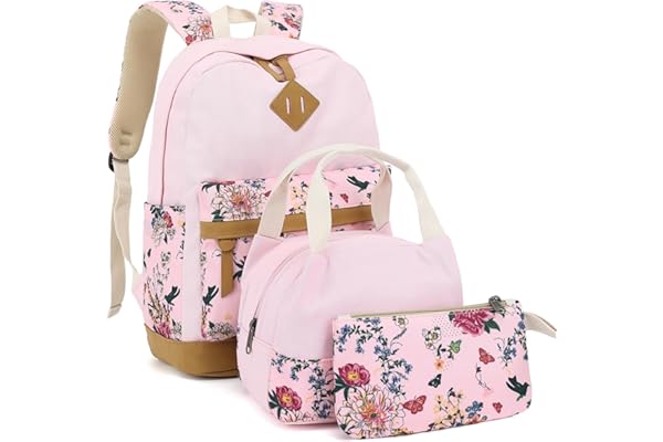 Leaper Floral Canvas School Backapck for Kids Girls Daypack Bookbag Lunch Bag Purse 3 in 1 Pink