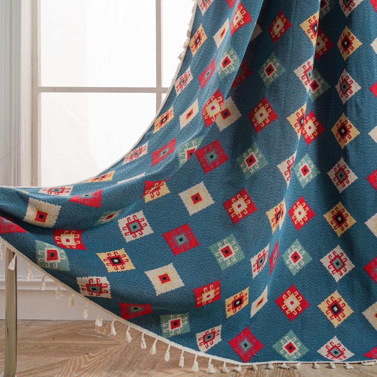 USTIDE Vintage Ethnic Boho Curtain Farmhouse Geometric Jacquard Curtain Semi Blackout Tassels Cotton Curtain 1 Panel for Bedroom Living Room,Blue Badge Patterns,150x180cm