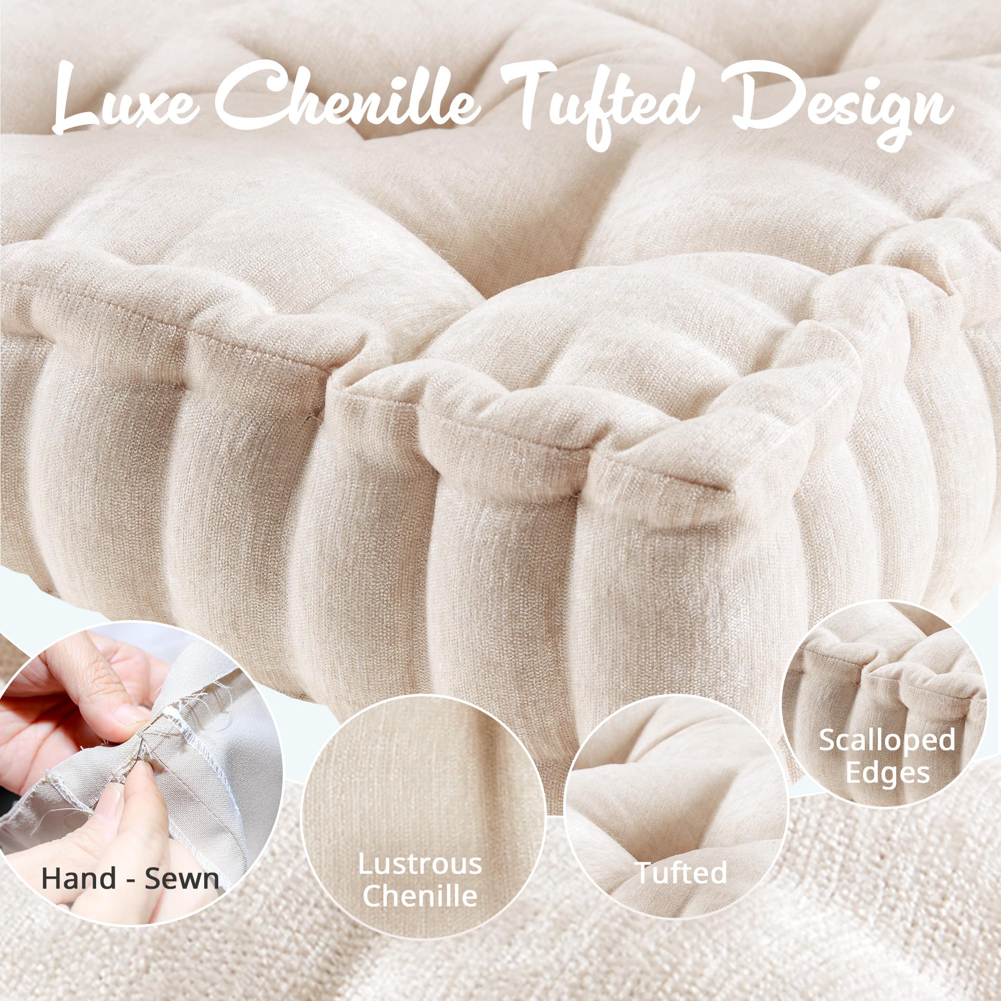 Intelligent Design Azza Floor Pillow, Large Cushions Sitting for Adults, Floor Pillow for Meditation or Yoga, Lustrous Chenille Tufted with Scalloped Edges for Bench/Chair Cushion, 20"x20"x5" Ivory - Image 4