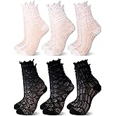 Bencailor 6 Pairs Women Lace Socks Mesh Sheer Ankle Socks Through Transparent Tulle High Hose Decorated Slouch Dress Hose