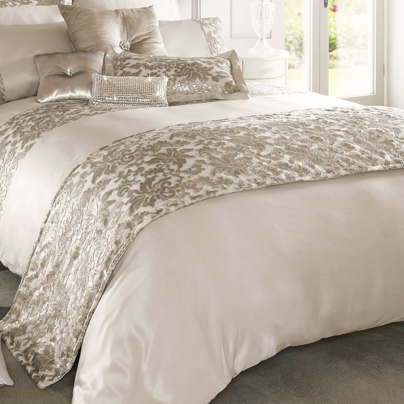 Kylie Minogue Eloise Quilted Bed Sequin Stone Beige Satin Runner