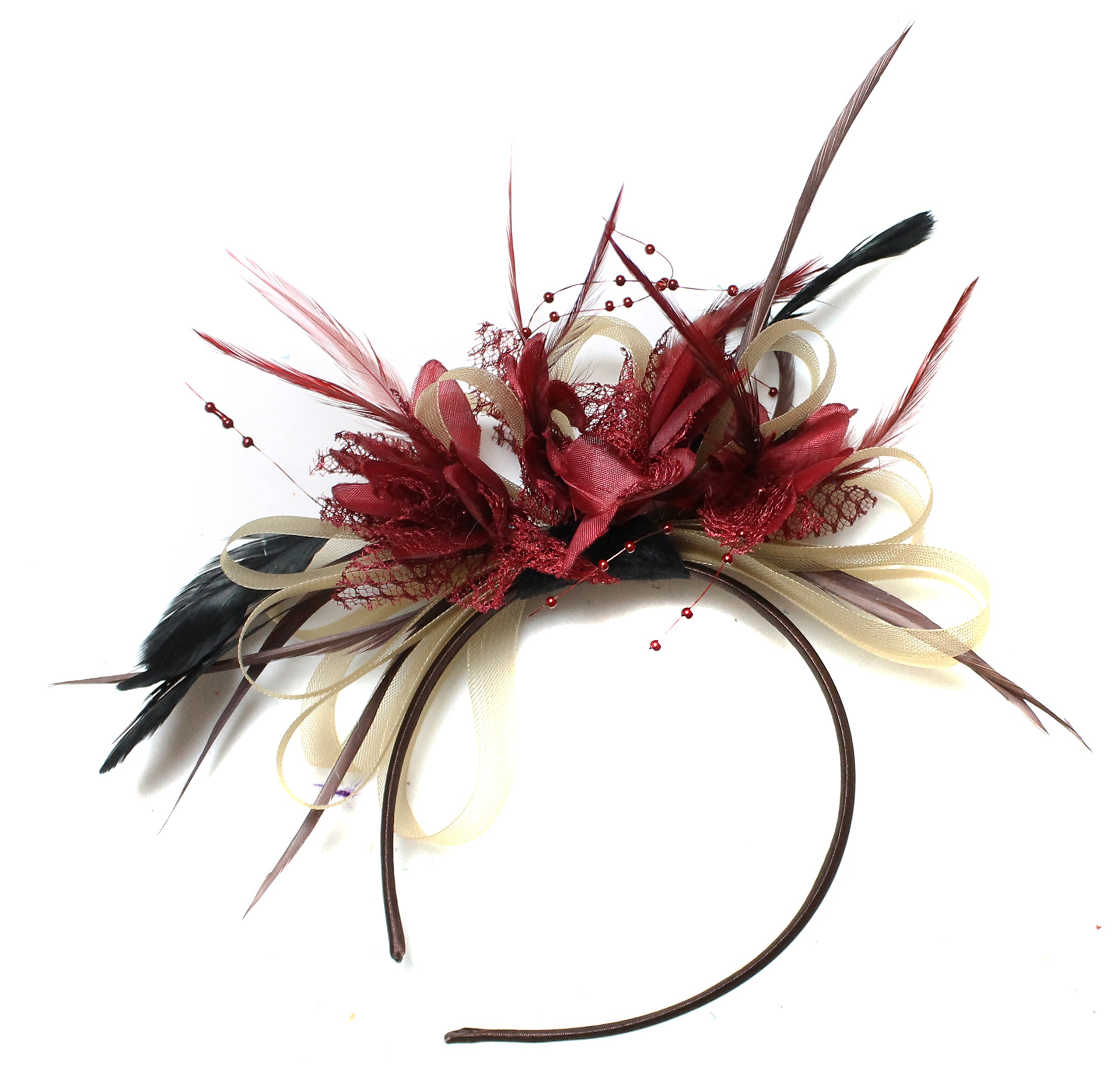 Caprilite Gold and Burgundy Fascinator Headband Net Hoop Feather Hair Wedding Royal Ascot Races