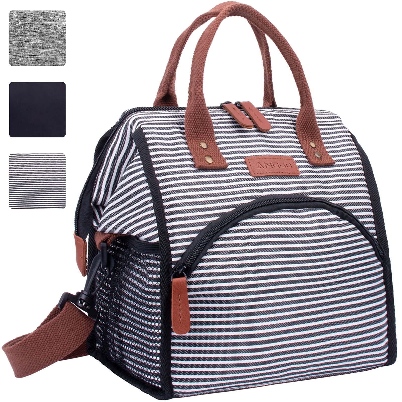 ANGGO 17L Insulated Lunch Bag for Women Men, Large Lunch Bag Lunch Tote Cooler Bag with Shoulder Strap, Water Resistant Thermal Leak-Proof Collapsible Picnic Bag for Work, Picnic, Camping - Stripe