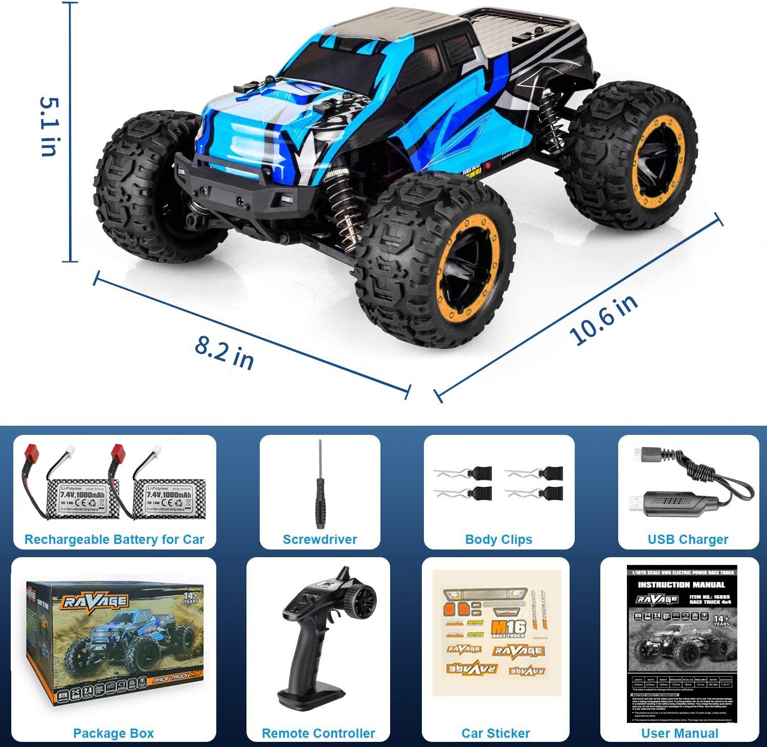 RC Cars, Fcoreey RC Truck 1:16 Remote Control Car for Boys, 40Km/h High Speed Racing Car, 2.4 GHz 4x4 Off Road Monster Truck, Electric Vehicle with LEDs, Hobby Car Toy Gift for Adult Kid Girl: Toys & Games