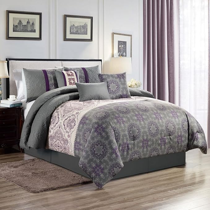 KingLinen 7 Piece Averil Purple/Gray Comforter Set Queen