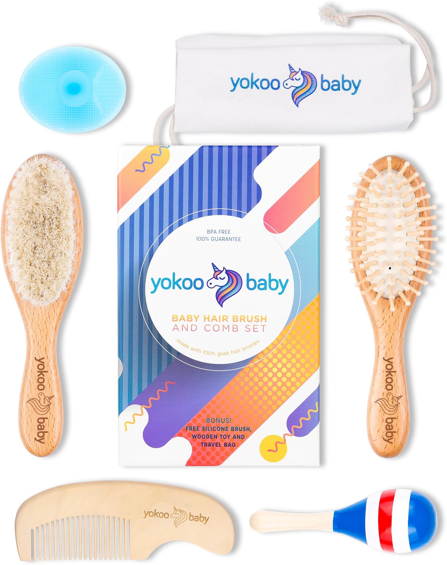 6 Piece Premium Quality Wooden Baby Hair Brush and Comb Set Made with Natural Goat Hair by Yokoo Baby | Bonus Free Travel Bag + Baby Silicone Bath Brush + Baby Rattle Toy | Prevents Cradle Cap