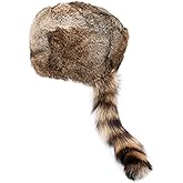 Surell Coonskin Davy Crockett Hat - 100% Real Rabbit Fur Crown - Raccoon Tail Winter Hat - Unisex, Brown