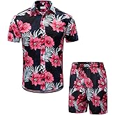 ENVMENST Hawaiian Shirt Suits for Men Short Sleeve Beach Printed Casual Button Down Aloha Shirt Sets