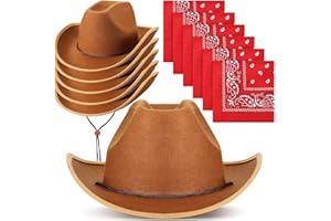 Unittype 12 Pcs Kids Cowboy Hat Set Western Cowgirl Hat and Polyester Bandanas for Boys Girls Cosplay Costume Party Favors(Brown, Red,Classic)