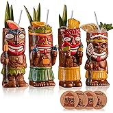 SUN GKOTTA Cocktail Tiki Mugs Set Of 4 - Exotic Mug With 4 Coasters And 4 Straws,Cute Ceramic Hawaiian Style Cocktail Glasses For Party And Tropical Tiki Bar,Mai Tai Drinkware (Glossy)