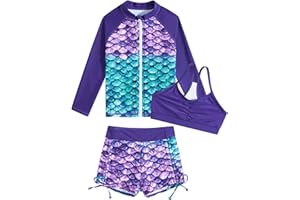 Funnycokid Girls Swimsuit 3 Pieces Zip Rash Guard Set Bikini Bathing Suits Boyshort Summer Kids Swimwear 3-10 Years
