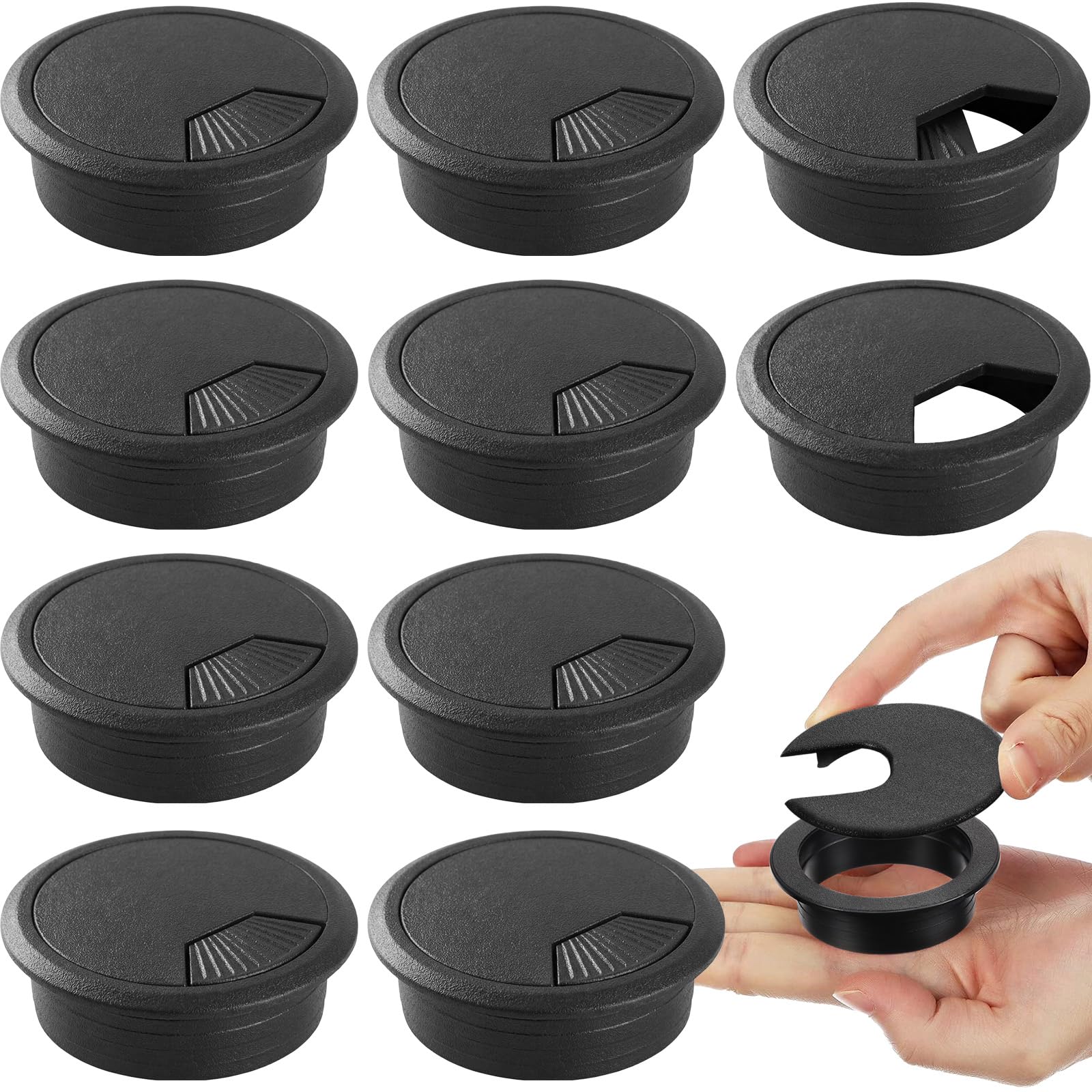10 Packs Black Desk Cable Wire Grommet Cord, PC Computer Desk Plastic Grommet Cord, Tidy Cable Hole Cover Organizers (38 mm/ 1.5 Inch Mounting Hole Diameter)