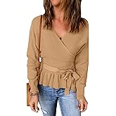 ZESICA Women's Fall 2026 Wrap V Neck Long Batwing Sleeve Belted Waist Ruffle Knitted Sweater Pullover Top