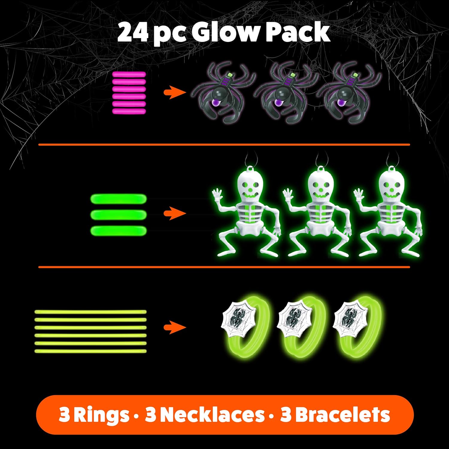 PartySticks Glow Party Skeleton Kit Party Favors for Kids - 24pk Glow in The Dark Party Decorations with 15 Glow Sticks, 3 Skeletons, 3 Spider Rings, and 3 Glow Bracelet Connectors: Toys & Games