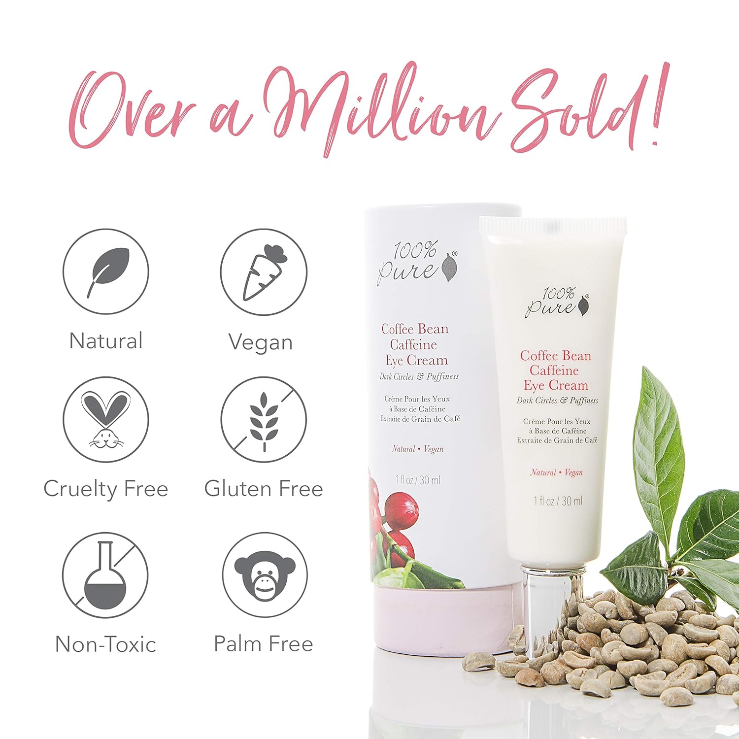 100% PURE Coffee Bean Caffeine Eye Cream for Wrinkles, Anti-Aging, Dark Circles Under Eye Treatment for Eyelids and Under Eye Area - 1 Fl Oz: Beauty