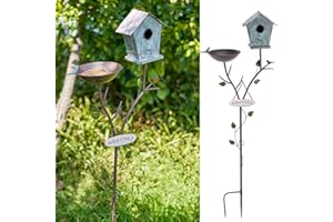 SMQLJXC Bird Baths and BirdHouses with Pole, Distressed Metal Bird Bath Bowl and Birdhouse Stake for Outdoor Garden Yard Decoration (Bird Baths/BirdHouses-D)